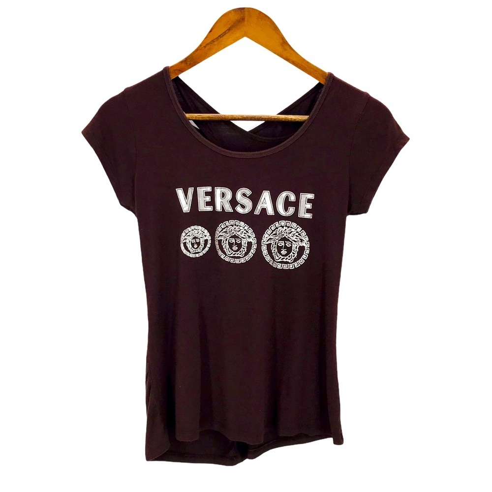 VERSACE Brown Silver Graphic V-Neck T-shirt XSmall